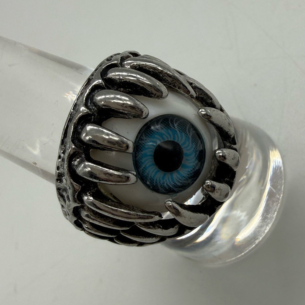 Mens Vintage Y2K Eyeball Ring Blue Evil Eye Gothic Fang Size 11